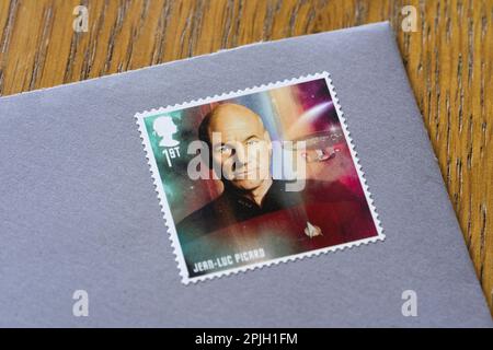 Timbre commémoratif Jean Luc Picard par Royal Mail, Royaume-Uni. Jean Luc Picard était un capitaine fictif du navire de la Fédération USS Enterprise à Star Trek Banque D'Images