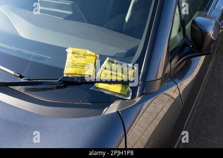 Avis à l'attention des conducteurs de parking frais (PCN) billets sur un pare-brise de voiture en Angleterre. Concept: Frais de parking inéquitables, parking agréable Banque D'Images