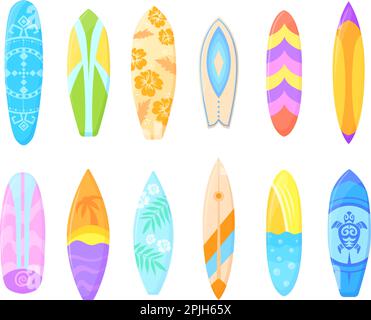 Planches de long Hawaï. Planches de surf colorées insolites, surf plage hawaiian surf surf surf surf planche en bois décoration, surf bodyboard objet ensemble dessin vectoriel soigné de la longboard et surf pour la plage Illustration de Vecteur