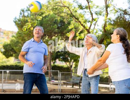 Club social de joyeux personnes âgées diverses appréciant le volley-ball le jour ensoleillé d'octobre plein air Banque D'Images