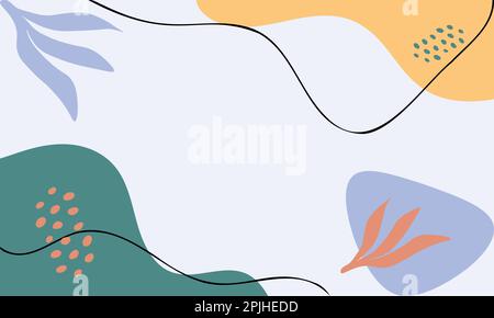 Arrière-plan moderne minimaliste, dessiné à la main, avec des lignes ondulées et de mignons blobs colorés. Illustration de Vecteur