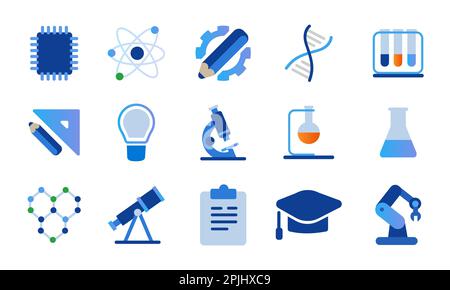 Ensemble d'icônes de recherche collection de la technologie de biochimie astronomie tube flacon laboratoire académique et robotique Illustration de Vecteur