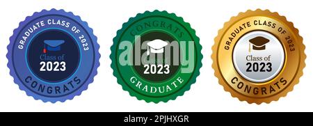 Classe de 2023 médailles de troisième cycle emblème cercle badge icône chapeau Illustration de Vecteur