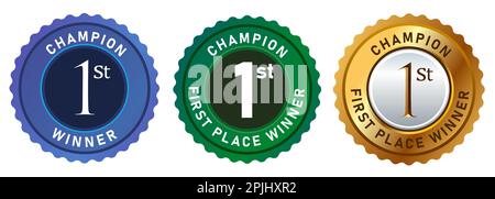 1st médailles d'or de la première place autocollant d'emblème de couleur bleu et vert Illustration de Vecteur