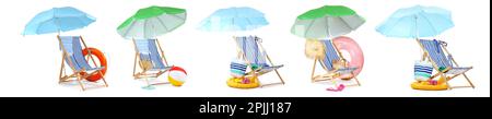Collage de chaises longues avec parasols et accessoires de plage sur fond blanc Banque D'Images