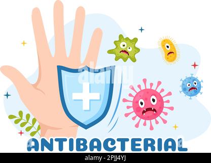 Illustration antibactérienne avec se laver les mains, virus infection et microbes bactérias contrôle dans l'hygiène soins de santé dessin à la main de dessins de dessin à la main Illustration de Vecteur