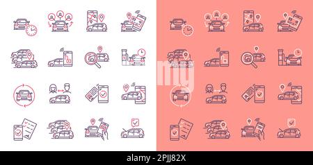 Icônes linéaires du service car Share, application mobile Vector. Part de voiture, location ou recherche, carshing signes de véhicules de contour, permis de conduire, carte routière avec r Illustration de Vecteur