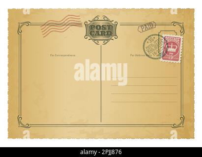 Carte postale ancienne, timbre-poste rétro sur courrier vintage. Modèle vectoriel avec texture grungy, cadre de style rétro, espace pour le texte et les repères. Ancienne-fashio Illustration de Vecteur