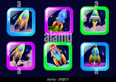 Application de jeu d'espace de dessin animé, icônes vaisseau spatial et starcraft, boutons vecteur d'aventure galaxie. Icônes d'application de jeux d'arcade pour applications mobiles avec espaces Illustration de Vecteur
