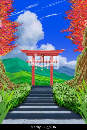 Un temple traditionnel rouge à la porte de torii sur l'escalier en pierre magnifique lieu de voyage. Printemps saisons paysage japonais avec une porte Tori, ar numérique Banque D'Images