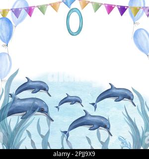 Carte marine aquarelle pour les anniversaires des enfants, isolée sur fond blanc. Illustration peinte à la main pour la carte de vœux, l'affiche, l'arrière-plan Banque D'Images