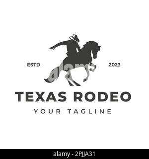 Logo Rodeo rétro avec silhouette équestrienne. Écusson de rodéo d'époque de l'Ouest sauvage. Illustration vectorielle. Illustration de Vecteur