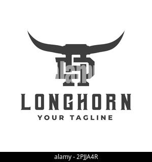 Buffalo Head Horn, Bull, vache, restaurant Texas d'époque logo longhorn. Lettre D.H. Logo de la société agricole vintage Illustration de Vecteur