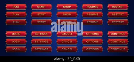 Jeu d'animation de boutons de jeu. Illustration vectorielle de cadres rouges avec texture pierre. Lire, démarrer, acheter, reprendre, redémarrer, connexion, paramètres, annuler, option, continuer cliquez sur l'action. Feuille d'image-objet Illustration de Vecteur