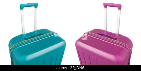 Vue avant de la valise verte et rose avec long manche télescopique isolé sur fond blanc. Valise isolée. Voyage vert et rose à la mode s Banque D'Images