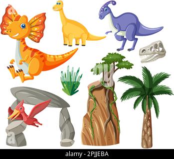 Illustration de la collection de vecteurs dinosaures et éléments naturels Illustration de Vecteur