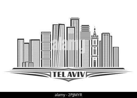 Illustration vectorielle de tel Aviv, carte horizontale monochrome avec design linéaire célèbre paysage urbain d'israël, concept d'art urbain noir avec brus unique Illustration de Vecteur