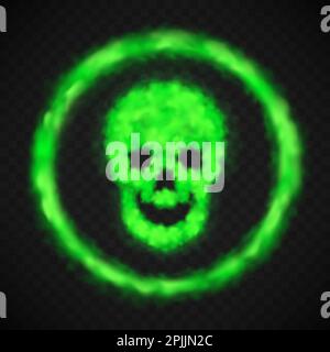 Signe vert du crâne de fumée dans le cercle. Symbole de danger d'avertissement de vecteur en forme de squelette humain à partir de vapeur toxique chimique ou de gaz de quench isolés sur fond transparent Illustration de Vecteur