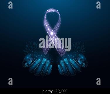 Deux mains humaines sont tient la conscience ruban violet. Elément filaire brillant faible poly. Cancer de la vessie, Alzheimers, fibrose kystique, lupus, épilepsie, Domestique Illustration de Vecteur