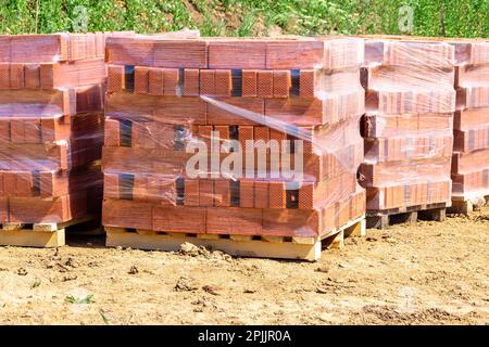 des palettes avec de nouvelles briques se tiennent sur le site de construction d'où une couche de sol fertile a été enlevée, foyer sélectif Banque D'Images