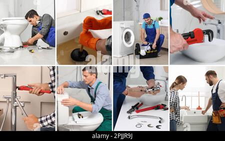 Collage avec des photos de plombiers professionnels et leurs outils Banque D'Images