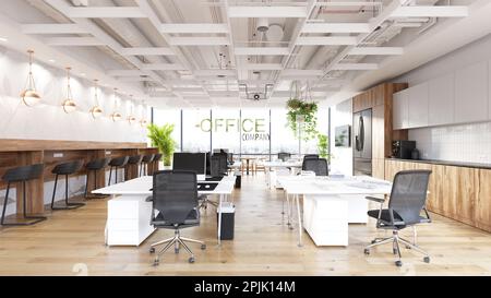 3D projet d'espace de bureau avec espace de loisirs. Rendu du concept de conception Banque D'Images