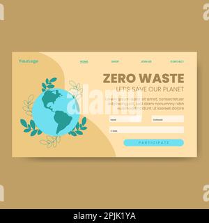 Globe terrestre avec feuilles vertes avec texte Zero Waste sur une page d'arrivée, illustration vectorielle Illustration de Vecteur