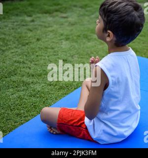 Asiatique chic enfant faisant le yoga pose dans le parc de la société en plein air, pose de yoga pour enfants. Le petit garçon faisant de l'exercice de yoga Banque D'Images