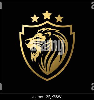 Logo Shield Lion avec couleur dorée, fond noir Illustration de Vecteur