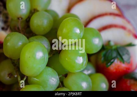 Fruits d'été colorés disposés dans un plateau Arrière-plan flou Banque D'Images