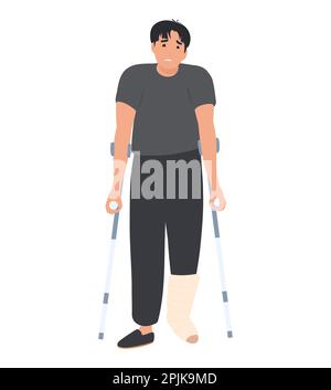 Homme avec des béquilles et un pied plâtré, jambe cassée Illustration de Vecteur