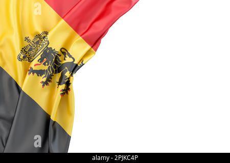 Drapeau de Belgique avec armoiries dans le coin sur fond blanc. Isolé. 3D rendu Banque D'Images