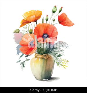 Aquarelle fleurs de coquelicot dans un vase, isolé sur fond blanc Illustration de Vecteur