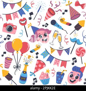 Motif de fête d'enfants sans coutures. Des éléments de design isolés et mignons comme des ballons, des décorations de fête, des desserts et des boissons. Illustration de Vecteur