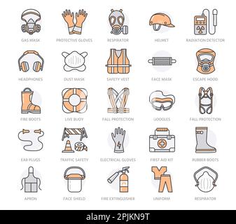 Icônes de lignes vectorielles de l'équipement de protection individuelle. Masque à gaz, casque de travail, respirateur, capuchon de protection, bouchons d'oreilles et vêtement de travail de sécurité. Protection de la santé Illustration de Vecteur