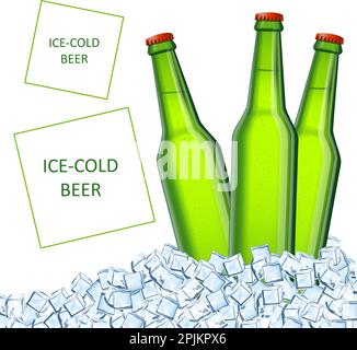 Trois bouteilles de bière light ale ou en permanent et cool ice cubes heap. Conception de l'annonce marketing de la brasserie ou pour partie affiche ou une bannière Illustration de Vecteur