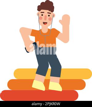 Homme qui fait du jogging sur un tapis roulant et qui écoute la musique depuis un smartphone. Illustration de couleurs vives et chaudes Illustration de Vecteur