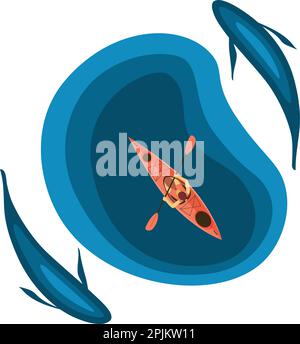 En plein air activités contexte illustration. Parmi les poissons géants en kayak dans le lac. Piscine en plein air, rafting, kayak tour concept. Vector illustration Illustration de Vecteur