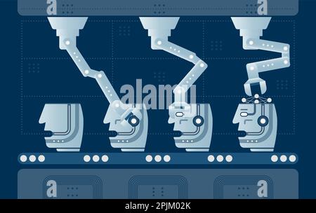 Processus automatisé de production bot. Convoyeur avec bras robotisés assemblant l'esprit artificiel. Applicable dans le secteur 4,0, processus d'apprentissage automatique des machines Illustration de Vecteur