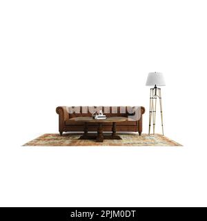 Un 3D rendu d'un confortable canapé marron avec une table élégante et une lampe isolée sur un fond blanc. Banque D'Images