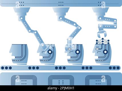 Processus automatisé de production bot. Développement de l'IA. Convoyeur avec bras robotisés assemblant l'esprit artificiel. Applicable en tant qu'industrie 4,0, apprentissage machine, Illustration de Vecteur
