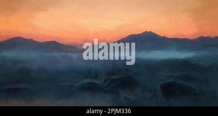 Peinture numérique de la mer à l'heure d'or, tandis que le soleil se couche derrière les montagnes. La mer a l'air éthérée alors qu'elle se brise sur les rochers et la plage. Banque D'Images