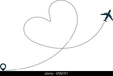 Icône de silhouette d'avion avec une ligne pointillée comme cœur. Vol en avion avec chemin en pointillés. Balise géographique au début. Concept de voyage en avion. Bacille vecteur plat Illustration de Vecteur