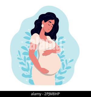 Grossesse en santé. Belle femme enceinte noire épouse son ventre. Le concept de la grossesse et de la maternité. Grossesse en santé. illustration vectorielle pour Illustration de Vecteur