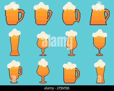 Verres de bière pixel isolés sur fond bleu. Bière avec mousse dans les verres. Style graphique des jeux vidéo du 90s. tasse à bière 8 bits pour Illustration de Vecteur