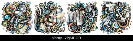 Ensemble de motifs de dessin animé marin à motif caniche. Compositions colorées et détaillées avec beaucoup d'objets et de symboles maritimes. Isolé sur des illustrations blanches Illustration de Vecteur