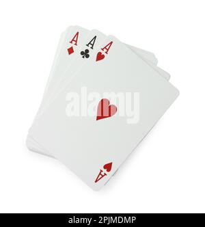 Trois as jouant des cartes sur fond blanc, vue de dessus Banque D'Images