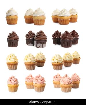 Ensemble de petits gâteaux d'anniversaire colorés sur fond blanc Banque D'Images
