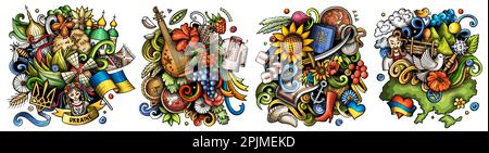 Ensemble de motifs de dessin animé à motif de caniche Ukraine. Compositions détaillées colorées avec beaucoup d'objets et de symboles de culture ukrainienne. Isolé sur l'illustration blanche Illustration de Vecteur