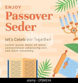 Joyeuses fêtes juives de la Pâque, fêtons le Seder Pesach, carte de vœux avec des icônes traditionnelles. ecriture, torah, feuilles de fleurs, symboles et icônes Illustration de Vecteur